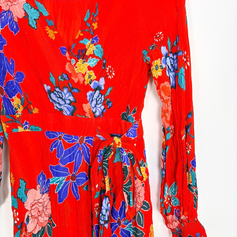 Anthropologie Floral Wrap Midi Dress Long Sleeve Red Blue Yellow Women's Size 2 - Picture 8 of 9